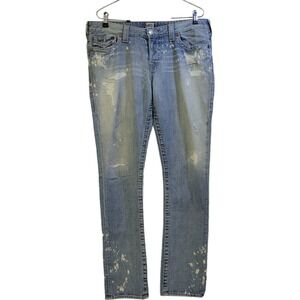 TRUE RELIGION CAMERON Distressed Button Fly Splattered Jeans SZ 35×32